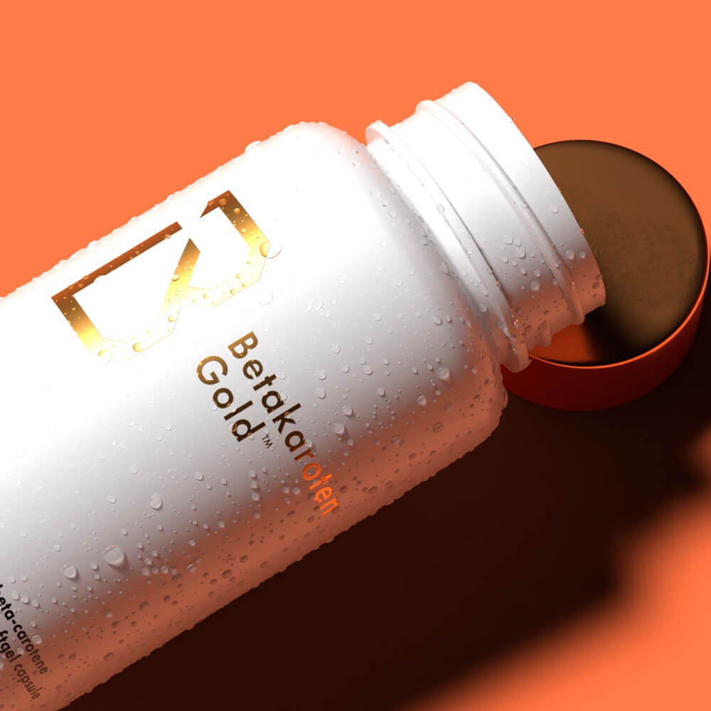 Betakaroten Gold Original bottle close-up on an orange background